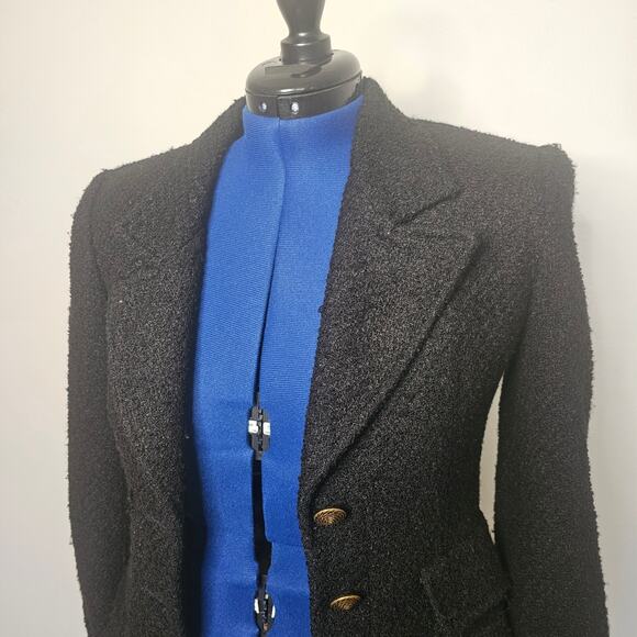 Vtg Limited Black Tweed fitted Jacket with faux fur leopard print cuffs - Picture 2 of 5